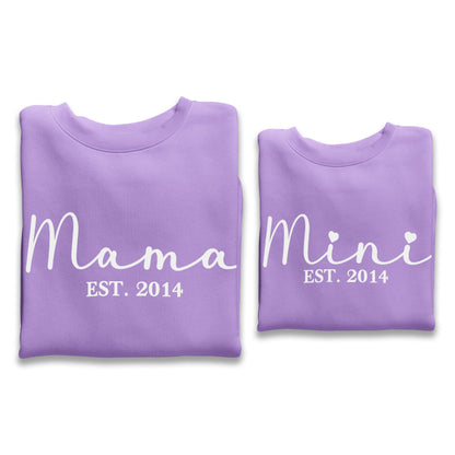 Personalised Mama and Mini EST Sweatshirt Lavender, Mother's Day Gift, Mummy Birthday Gift, New Mum Gift