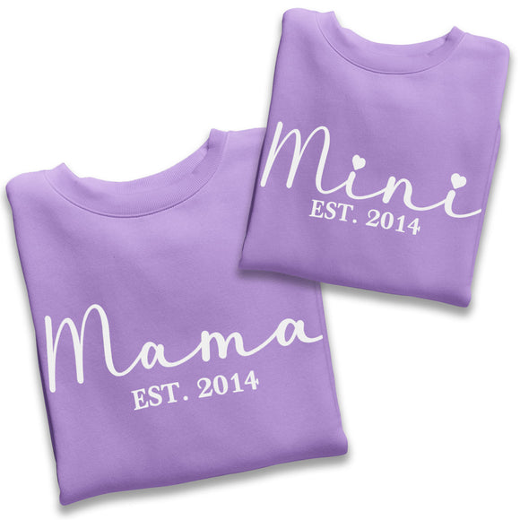 Personalised Mama and Mini EST Sweatshirt Lavender, Mother's Day Gift, Mummy Birthday Gift, New Mum Gift
