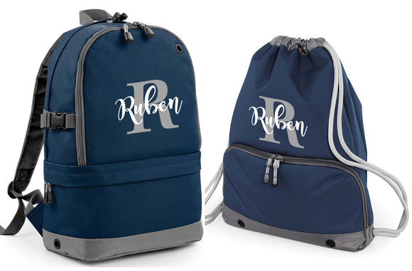 Personalised Pro Backpack with Laptop Compartment and Matching Gym Bag Initial and Name 18L Navy