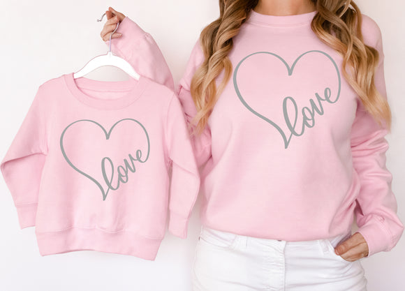 Valentines Day Matching Sweatshirts Galentine Love Heart Matching Jumpers Valentines Day Gift Pink/Grey