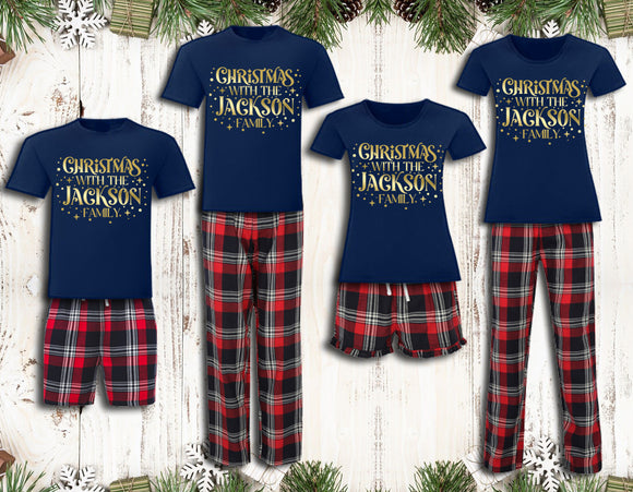 Personalised Pyjamas Christmas With The Family Matching Tartan Gold Red and Navy