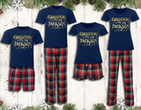 Personalised Pyjamas Christmas With The Family Matching Tartan Gold Red and Navy