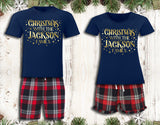 Personalised Pyjamas Christmas With The Family Matching Tartan Gold Red and Navy