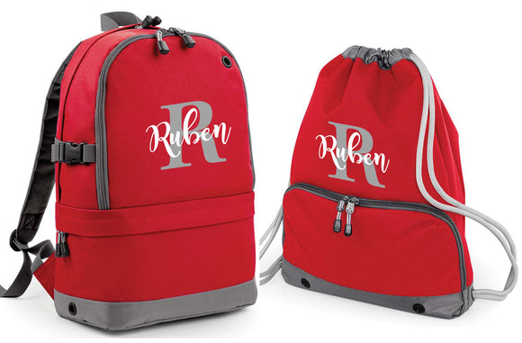 Personalised Pro Backpack with Laptop Compartment and Matching Gym Bag Initial and Name 18L Red Set