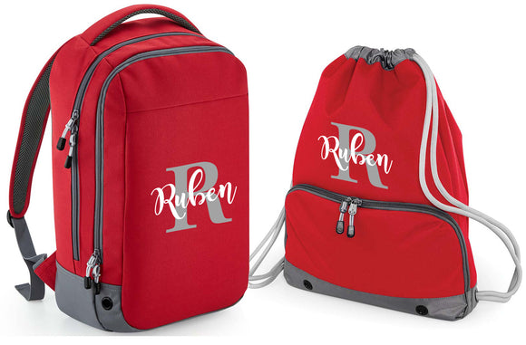 Personalised Pro Backpack with Water bottle pocket and Matching Gym Bag Initial and Red 23L Black Set