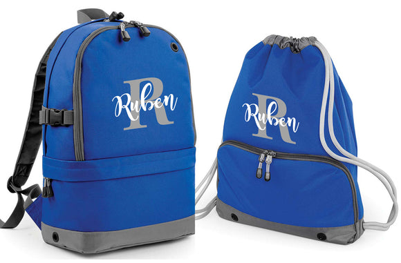 Personalised Pro Backpack with Laptop Compartment and Matching Gym Bag Initial and Name 18L Royal Blue Set