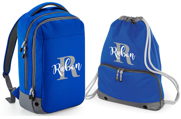 Personalised Pro Backpack with Water bottle pocket and Matching Gym Bag Initial and Name 23L Royal Blue Set
