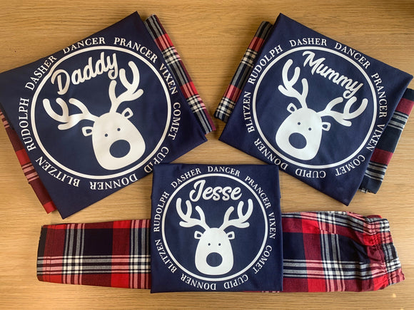 Personalised Matching Family Christmas Pyjamas Rudolph Reindeer Tartan Adult Childrens