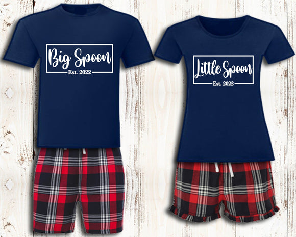 Personalised Big Spoon Little Spoon Matching Pyjamas Navy Tartan Couples Matching Pajamas