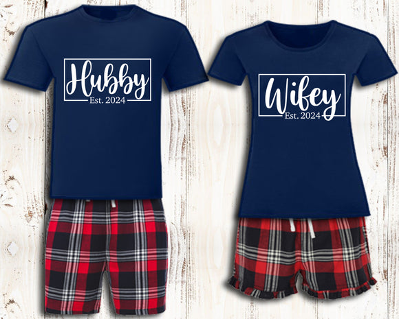 Personalised Hubby & Wifey Matching Pyjamas Mr and Mrs Navy Tartan Mr and Mrs Matching Pajamas