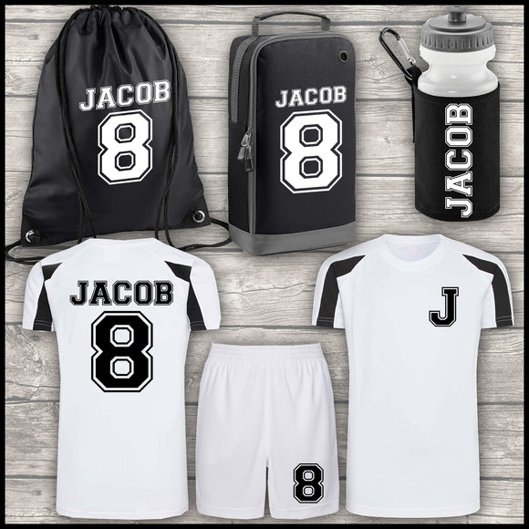 Football Shirt Football Kit Boot Bag Sports Set Water Bottle and Gym Bag Shorts Black and White Back To School