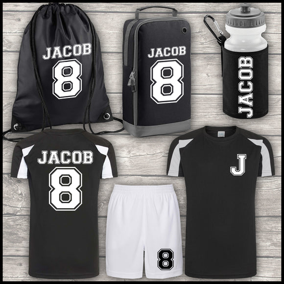 Football Shirt Football Kit Boot Bag Sports Set Water Bottle and Gym Bag Shorts Black and White Back To School