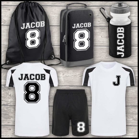 Football Shirt Football Kit Boot Bag Sports Set Water Bottle and Gym Bag Shorts Black and White Back To School