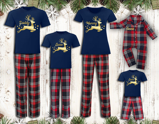 Personalised Matching Family Christmas Pyjamas Jumping Reindeer Design