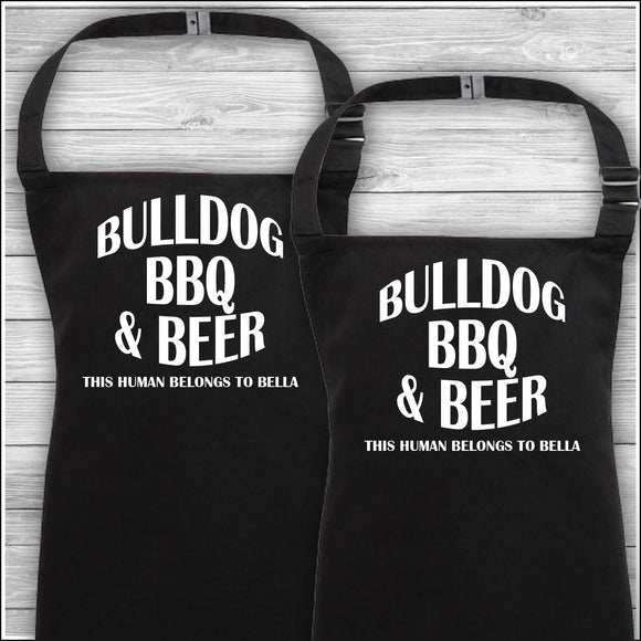 Personalised Cooking Aprons | Bulldog BBQ & Beer | This Human Belongs To Bella | Father's Day Gift | Matching Family Aprons