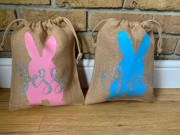 Personalised Cute Easter Bunny Jute Bag, Easter Egg Hunt, Easter Gift Bag
