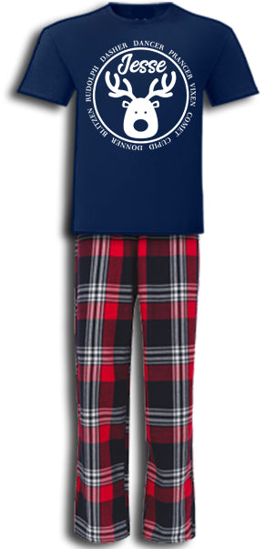 Personalised Matching Family Christmas Pyjamas Rudolph Reindeer Tartan Adult Childrens