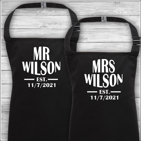Mr & Mrs Surname Est | Matching Family Aprons | Personalised Cooking Aprons