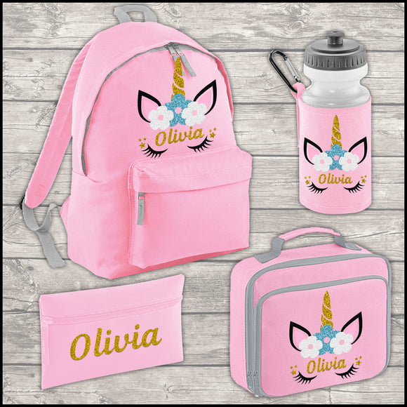 Personalised Unicorn 12L Backpack and Lunch Bag Water Bottle and FREE Pencil Case Back To School Backpack Kids Junior Size 12 Litres