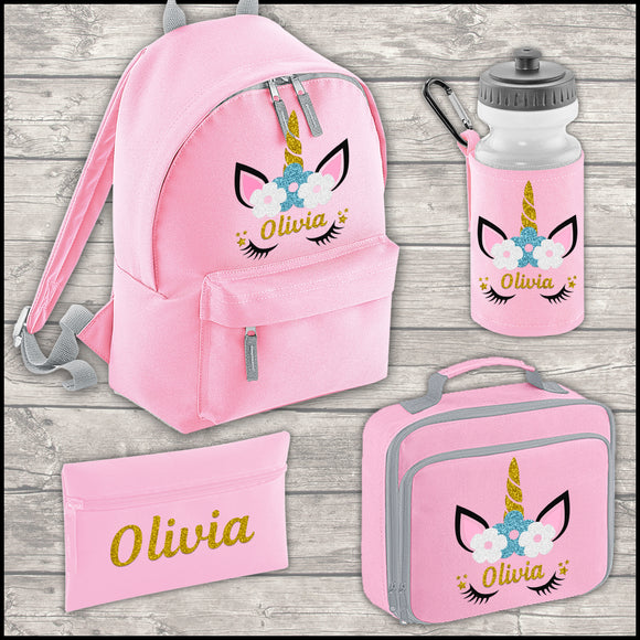 Personalised Unicorn 9L Backpack Water Bottle and Lunch Bag and FREE Pencil Case Back To School Backpack Kids Mini Size 9 Litres