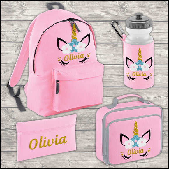 Personalised Unicorn 18L Backpack Kids Lunch Bag Water Bottle and FREE Pencil Case ADD Your NAME Back To School Pink