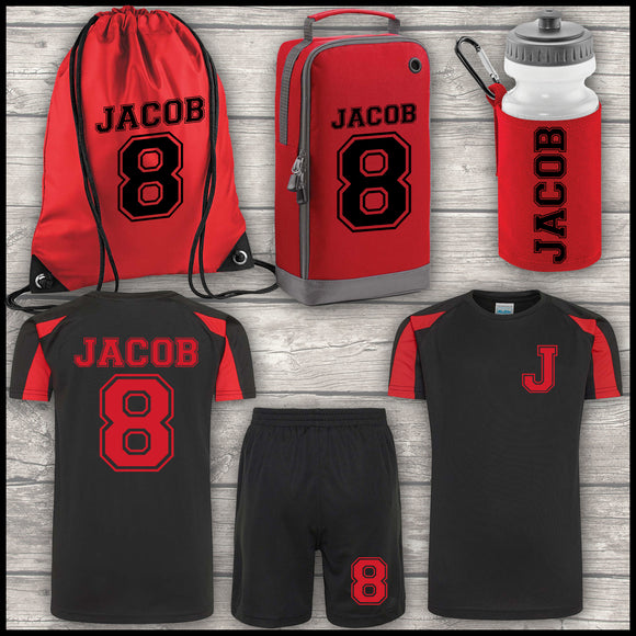 Football Shirt Football Kit Boot Bag Sports Set Water Bottle and Gym Bag Shorts Black and Red Back To School