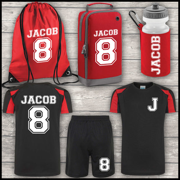 Football Shirt Football Kit Boot Bag Sports Set Water Bottle and Gym Bag Shorts Black, Red and White Back To School