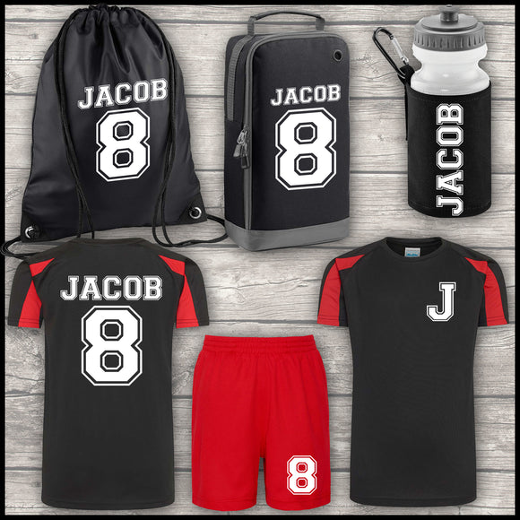 Football Shirt Football Kit Boot Bag Sports Set Water Bottle and Gym Bag Shorts Black, Red and White Back To School