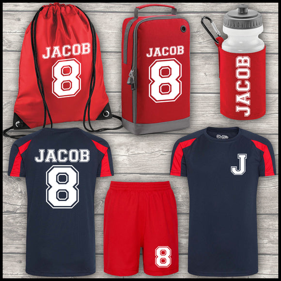 Football Shirt Football Kit Boot Bag Sports Set Water Bottle and Gym Bag Shorts Navy Blue Red and White Back To School