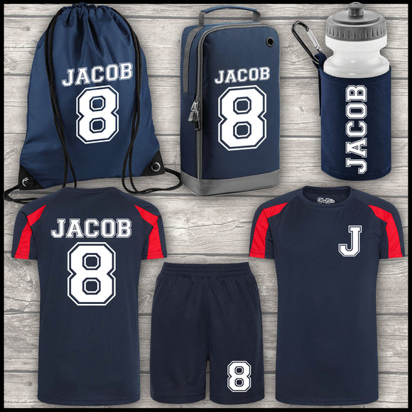 Football Shirt Football Kit Boot Bag Sports Set Water Bottle and Gym Bag Shorts Navy Blue Red and White Back To School