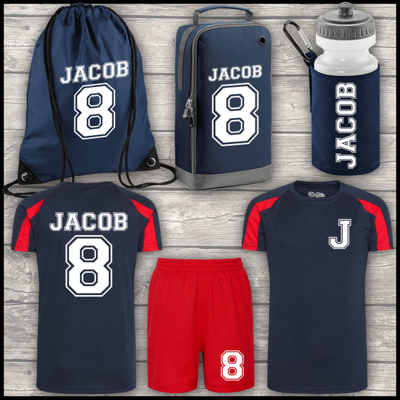 Football Shirt Football Kit Boot Bag Sports Set Water Bottle and Gym Bag Shorts Navy Blue Red and White Back To School