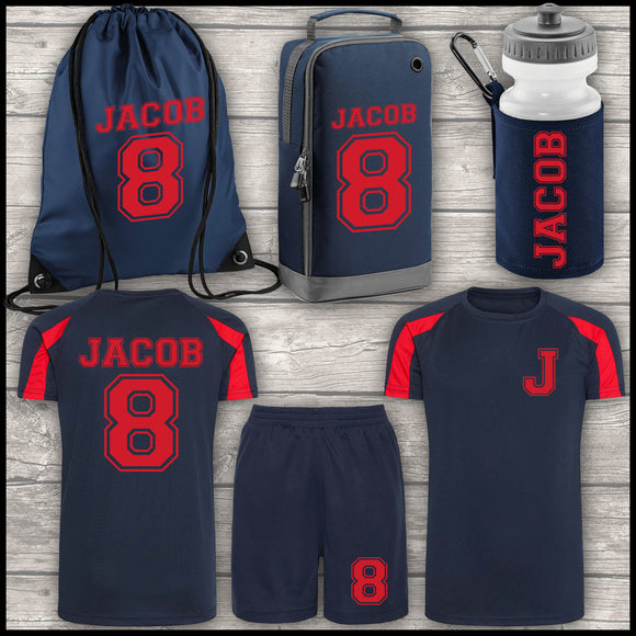 Football Shirt Football Kit Boot Bag Sports Set Water Bottle and Gym Bag Shorts Navy Blue and Red Back To School