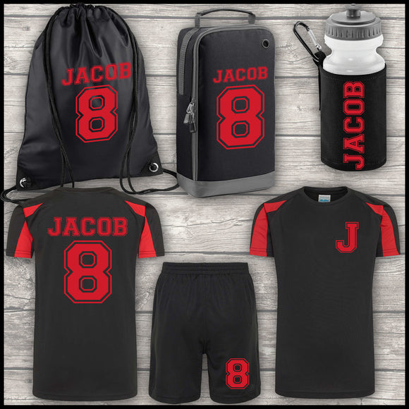Football Shirt Football Kit Boot Bag Sports Set Water Bottle and Gym Bag Shorts Black and Red Back To School