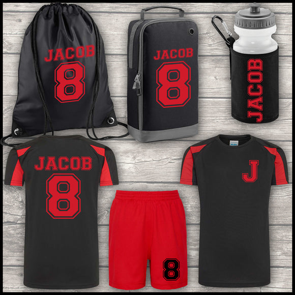 Football Shirt Football Kit Boot Bag Sports Set Water Bottle and Gym Bag Shorts Black and Red Back To School