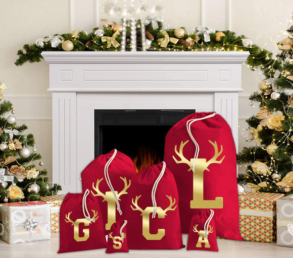 Personalised Christmas Santa Sacks Antlers with Any Initial