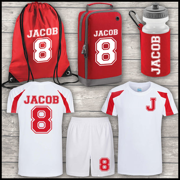 Football Shirt Football Kit Boot Bag Sports Set Water Bottle and Gym Bag Shorts Red and White Back To School