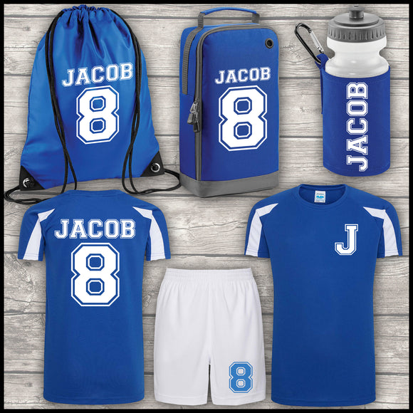 Football Shirt Football Kit Boot Bag Sports Set Water Bottle and Gym Bag Shorts Royal Blue and White Back To School