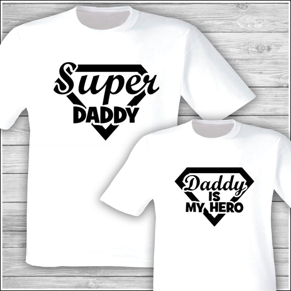 Super Daddy | Daddy Is My Hero | Father's Day Gift | Matching Family T-Shirt in White Plus Baby Bodysuits