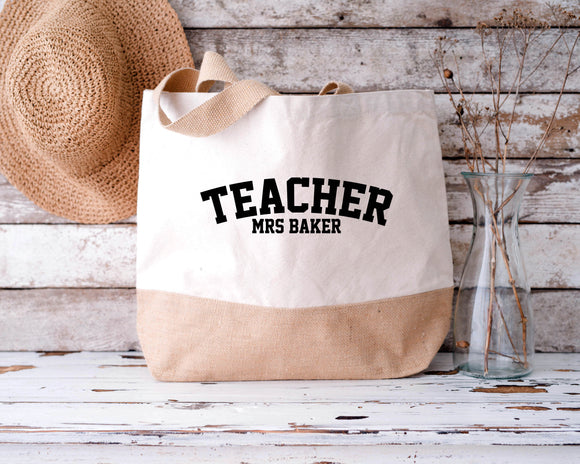 Personalised Jute Bag, Teacher Gift, Teacher Bag, Birthday Gift, Teacher Leaving Gift, Mrs Teacher Shopping Bag