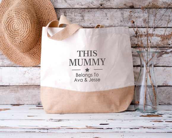 Personalised Jute Bag, This Mummy Belongs To Bag, Mummy and Children's Names Mother's Day Gift Mummy Birthday Gift, Mother's Day Gift