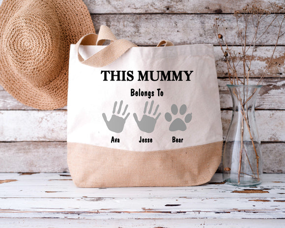 Personalised Jute Bag, This Mummy Belongs To Bag, Mummy and Children's Names Mother's Day Gift Mummy Birthday Gift, Mother's Day Gift