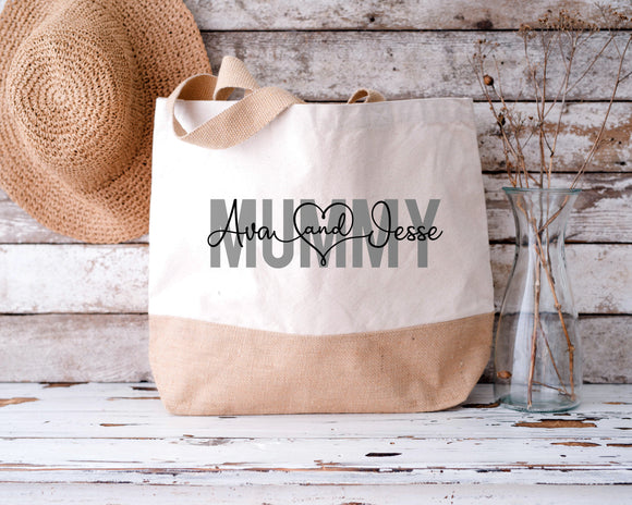 Personalised Jute Bag, Mummy and Me, Children's Names Mother's Day Gift Mummy Birthday Gift
