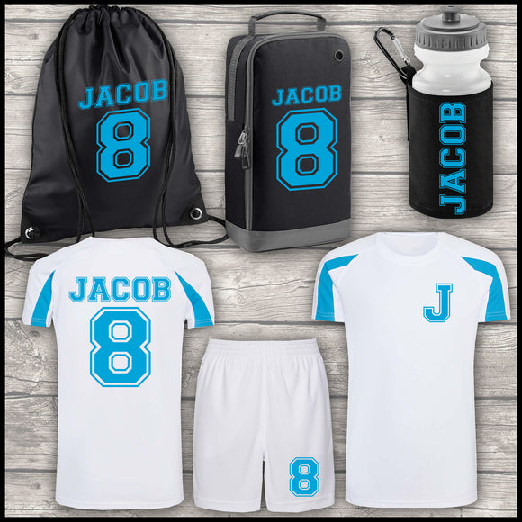 Football Shirt Football Kit Boot Bag Sports Set Water Bottle and Gym Bag Shorts Sky Blue and White Back To School