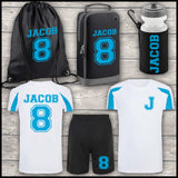 Football Shirt Football Kit Boot Bag Sports Set Water Bottle and Gym Bag Shorts Sky Blue and White Back To School