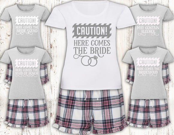 Personalised Caution Girls Weekend Pyjamas Matching Pajamas Pink Tartan Loungewear Adult Pjs Hen Do Bachelorette Pyjamas