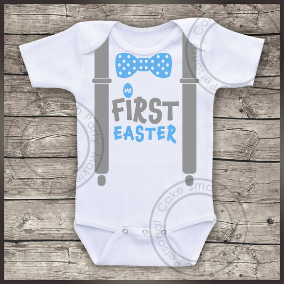 Personalised Bodysuit My 1st Easter Boys Baby Grow Bodysuit Vest Grey Brace and Blue Bow Tie
