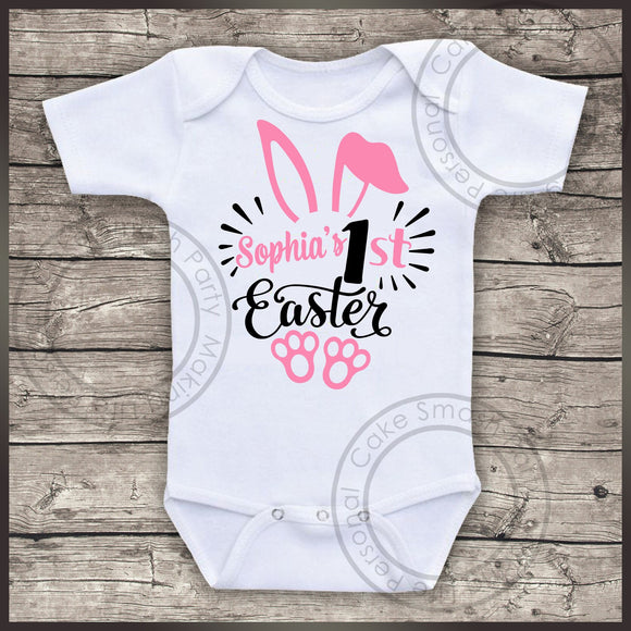 Personalised Bodysuit YOUR NAME 1st Easter Girls Baby Grow Bodysuit Vest Pink and Black