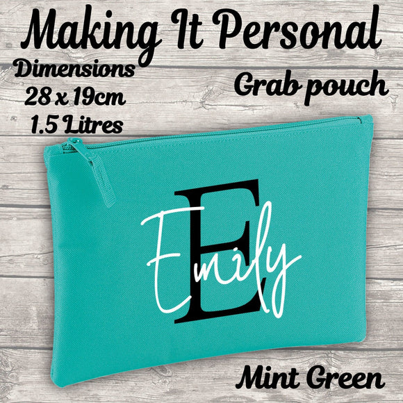 Large Mint Green Personalised Pencil Case - Makeup Bag - Pouch - Back To School -  ADD Your INITIAL & NAME