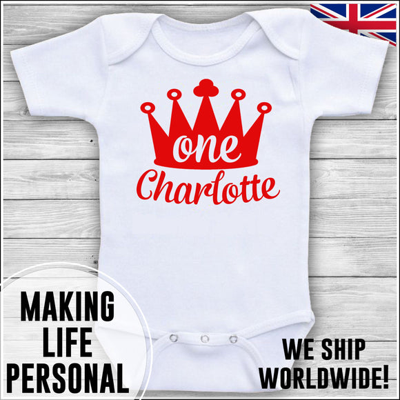 Personalised Bodysuit 1st Birthday One Crown YOUR NAME Girls Cake Smash Red