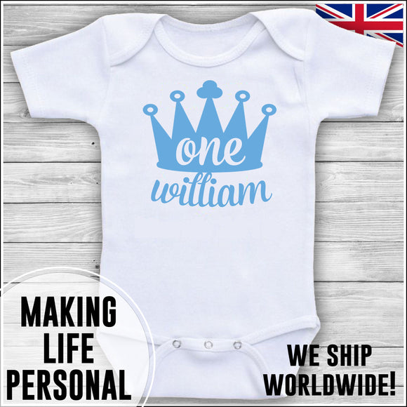 Personalised Bodysuit 1st Birthday One Crown YOUR NAME Boys Cake Smash Blue